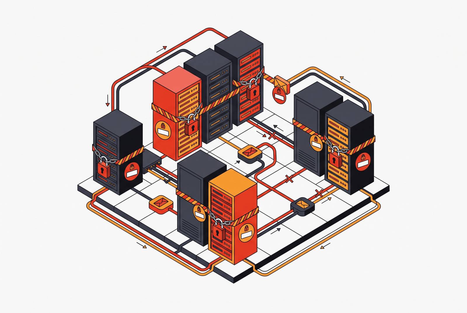 Cover illustration for “Business Email Compromise Infrastructure Seizures”