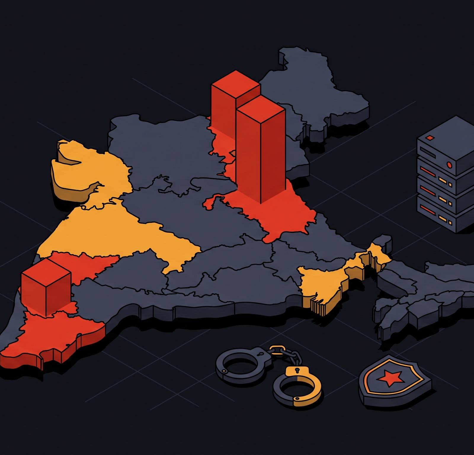 Cover illustration for “India Cybercrime Arrest Trends by State”