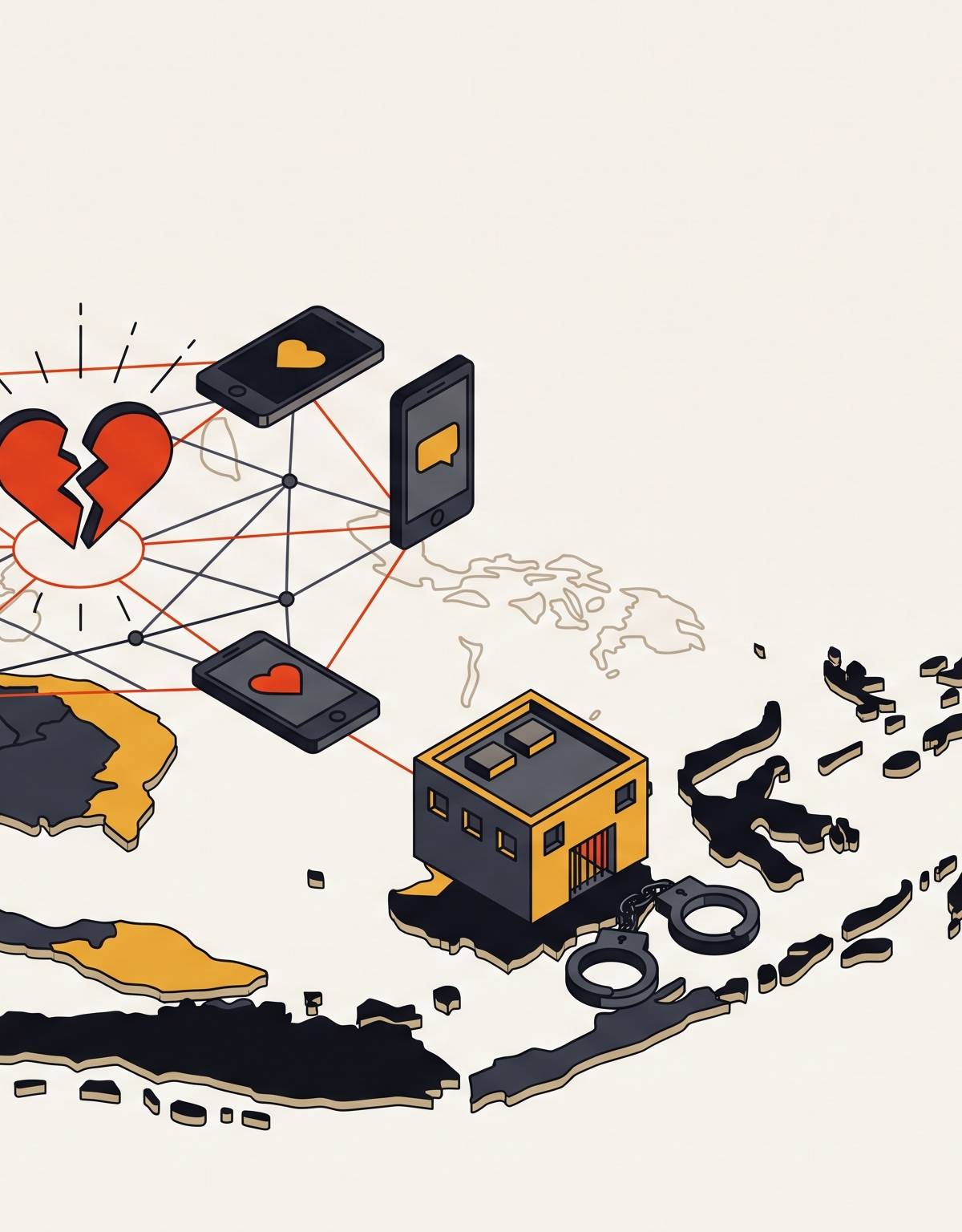Cover illustration for “Romance Scam Network Arrests in Southeast Asia”