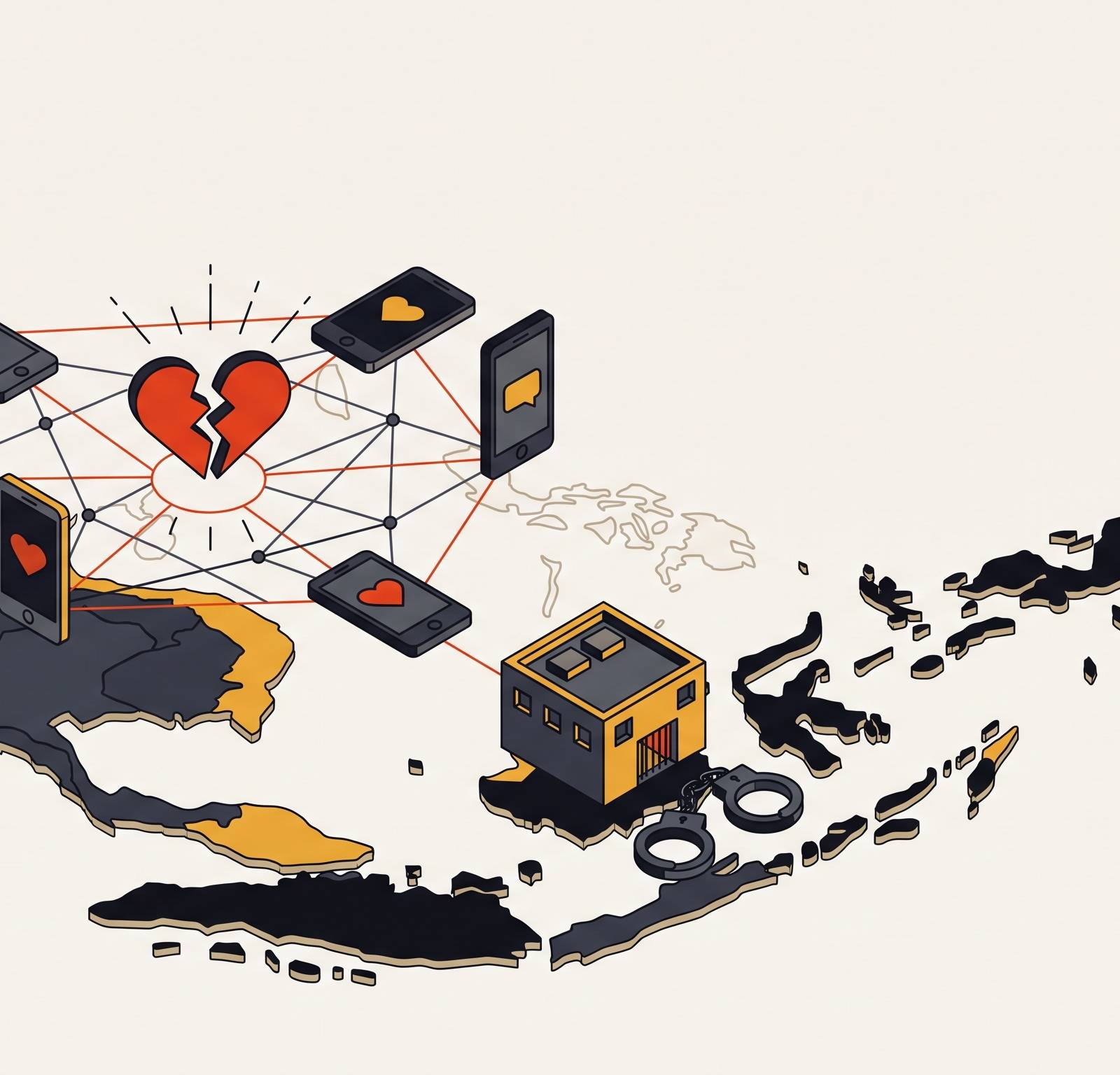 Cover illustration for “Romance Scam Network Arrests in Southeast Asia”