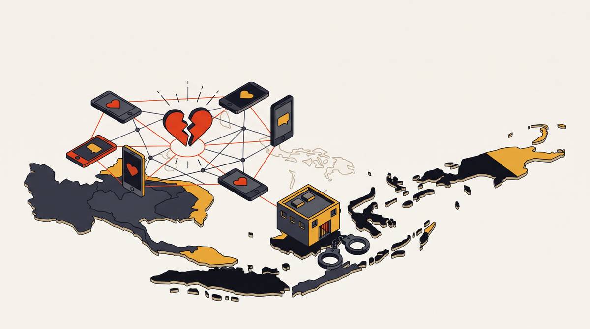 Cover illustration for “Romance Scam Network Arrests in Southeast Asia”