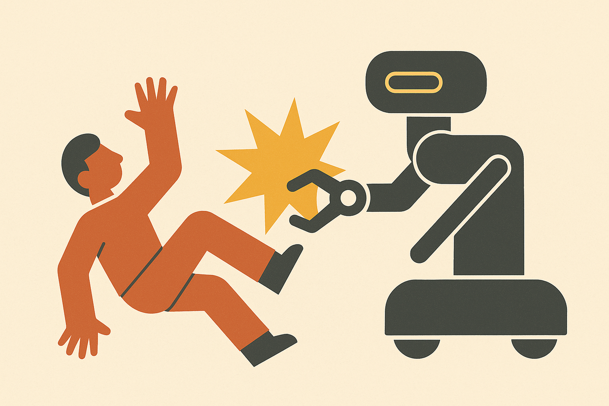 Cover illustration for “Who Pays When a Robot Hurts Someone on a Customer Site”