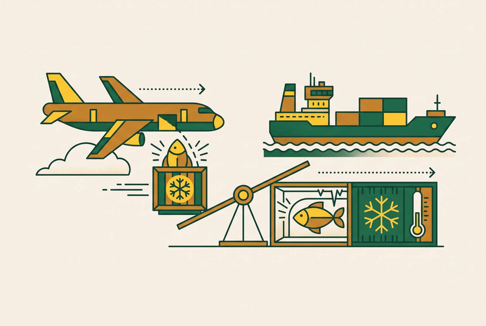 Cover illustration for “Air Freight vs. Ocean Freight Trade-Offs for Perishable Seafood Imports”
