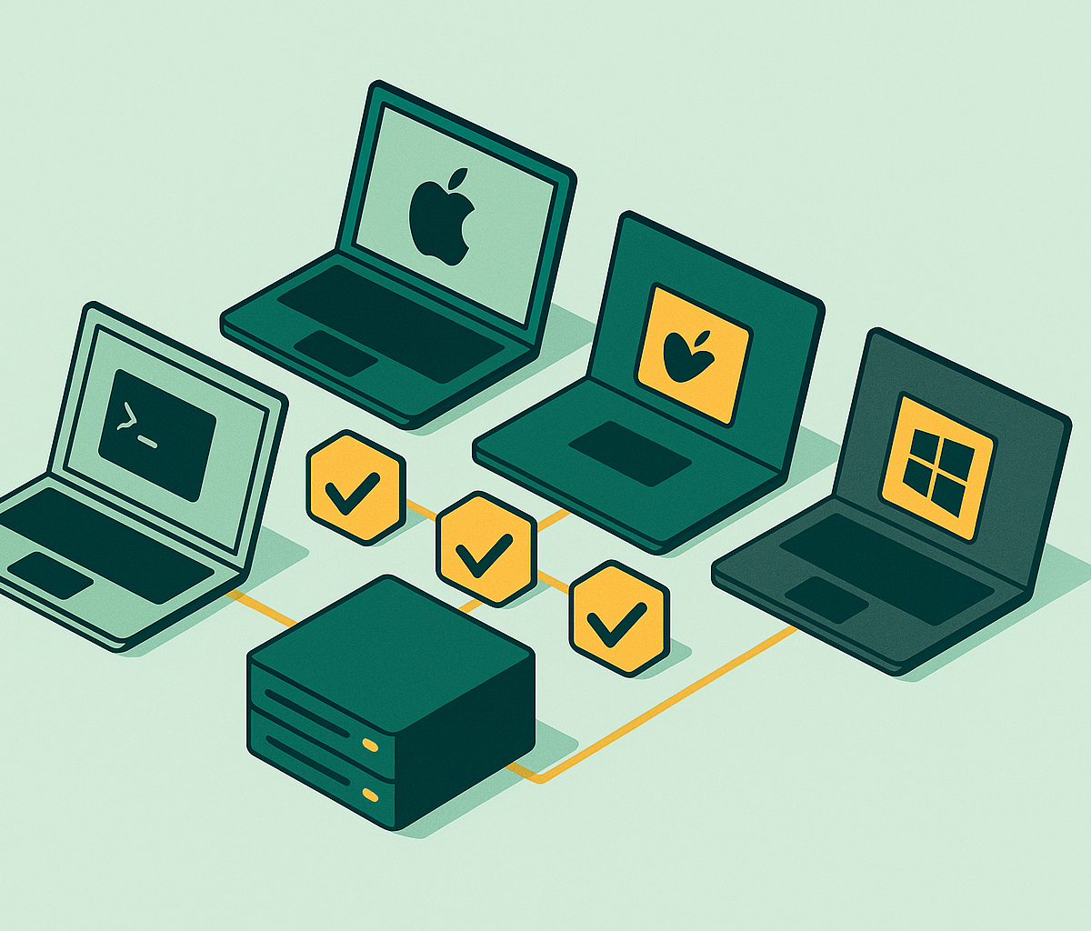 Cover illustration for “declarative environment managers for teams spanning multiple operating systems”