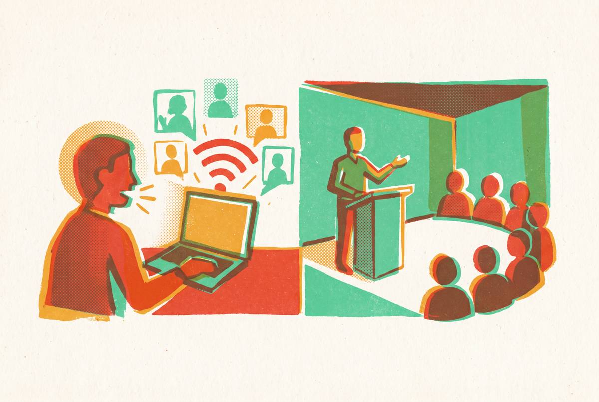 Cover illustration for “Online Toastmasters Clubs vs In-Person Chapters”