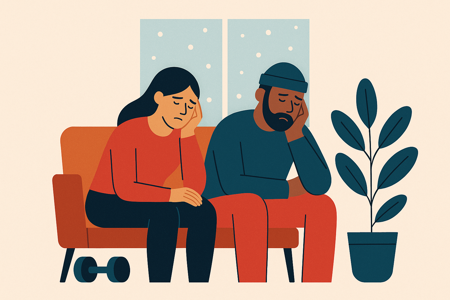 Cover illustration for “Fitness Motivation Slumps in Winter for Active Couples”
