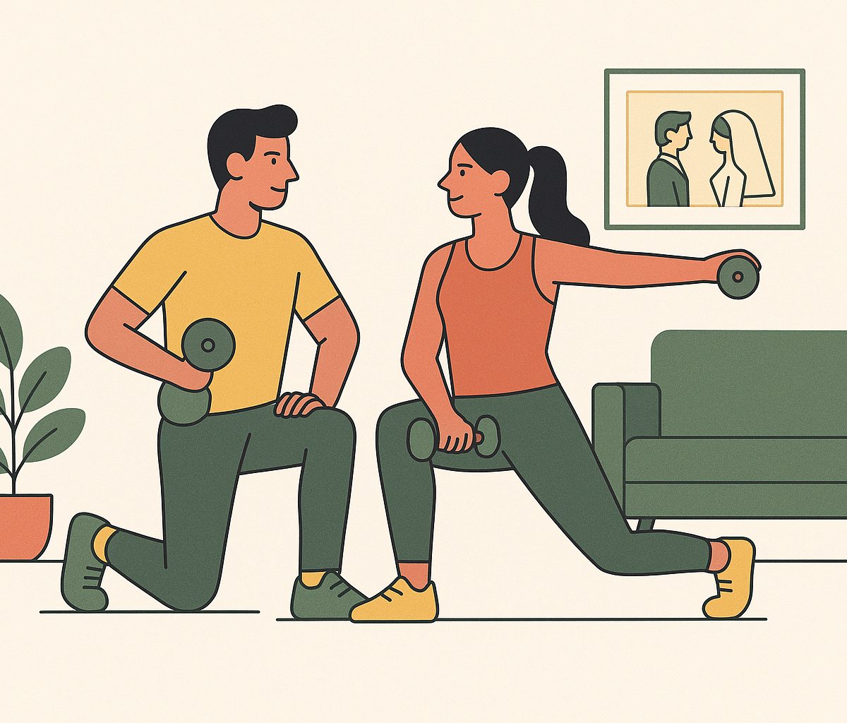 Cover illustration for “Couple Workouts at Home Before the Wedding”