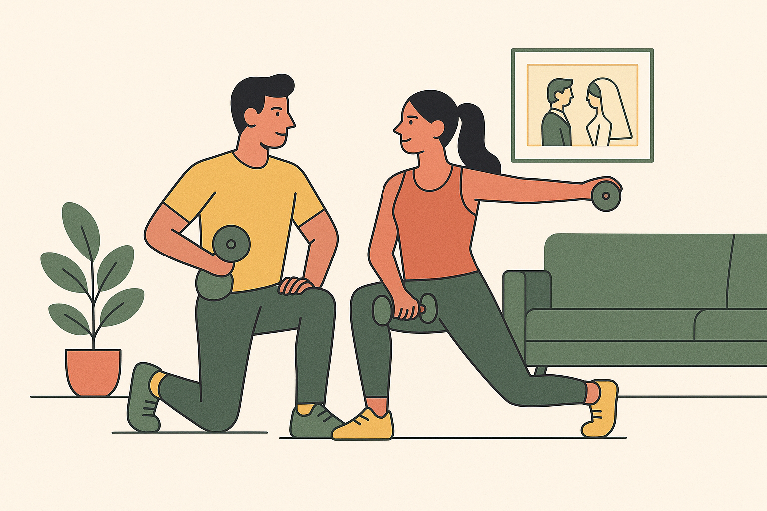 Cover illustration for “Couple Workouts at Home Before the Wedding”