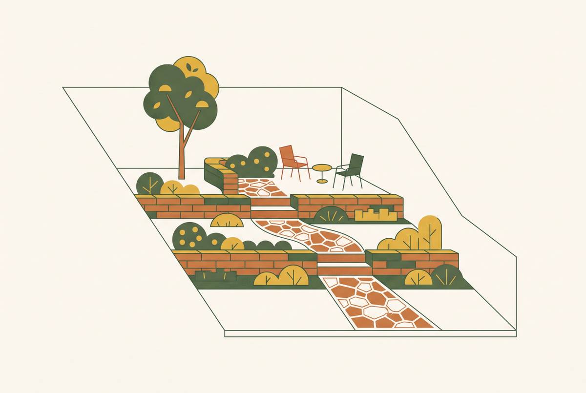 Cover illustration for “Hardscape Backyard Ideas for Small, Sloped, and Oddly Shaped Yards”
