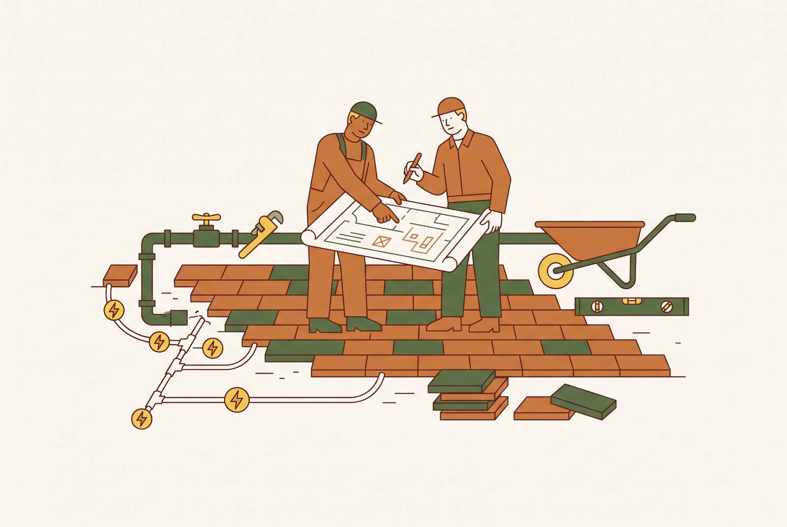 Cover illustration for “Subcontractor Coordination on Hardscape Projects With Electrical or Plumbing”